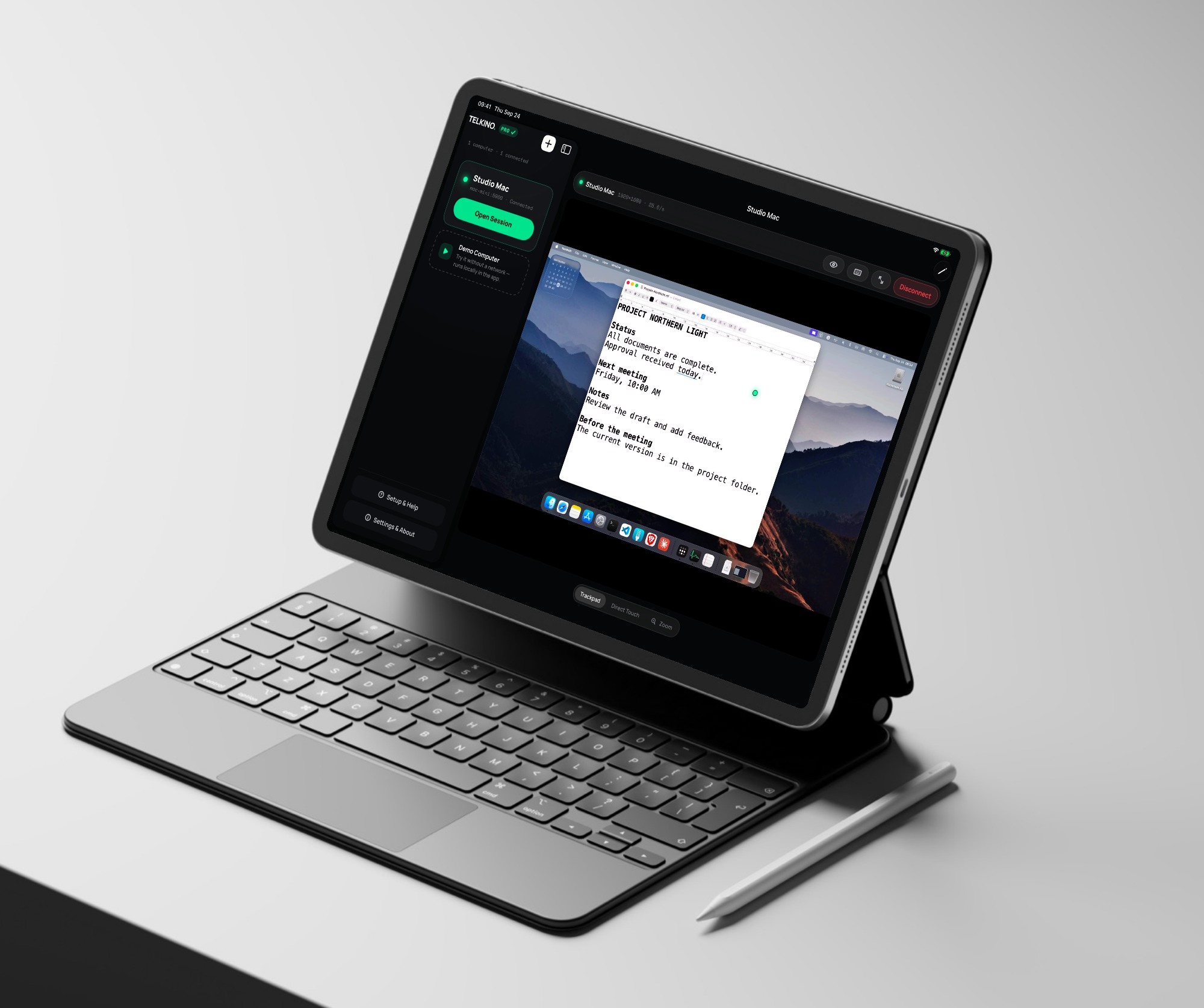 iPad Pro mit Magic Keyboard: Telkino zeigt eine echte Mac-Session mit TextEdit, Berglandschaft und Dock
