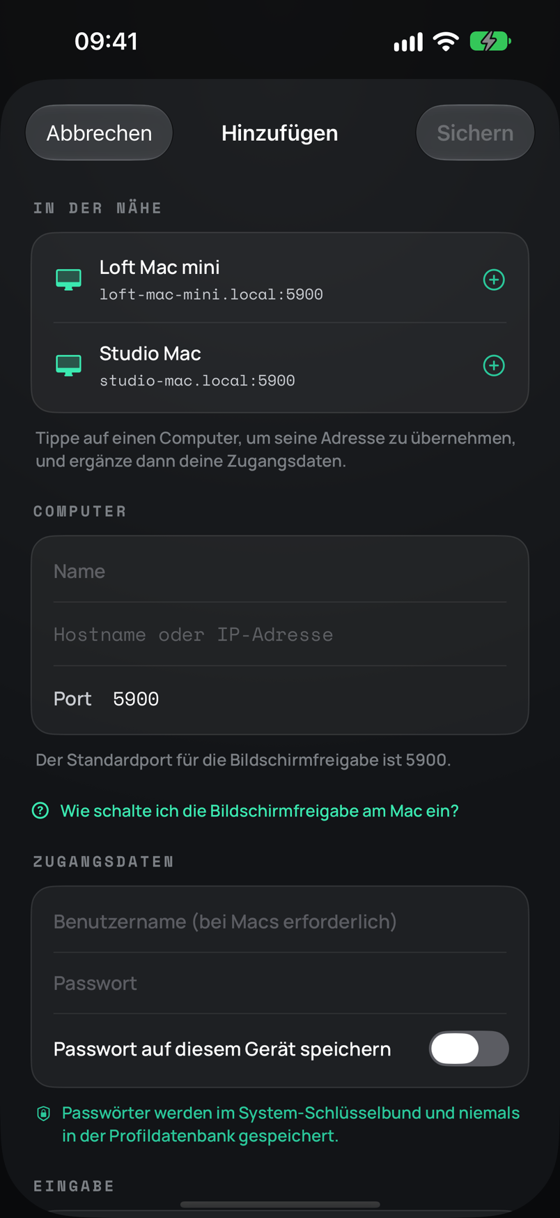 Editor „Computer hinzufügen“ auf dem iPhone mit den im Netzwerk gefundenen Macs
