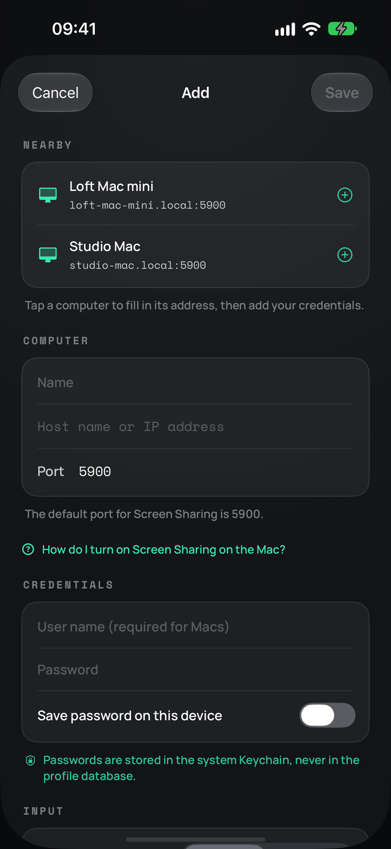 Add Computer editor on iPhone listing the Macs found on the network