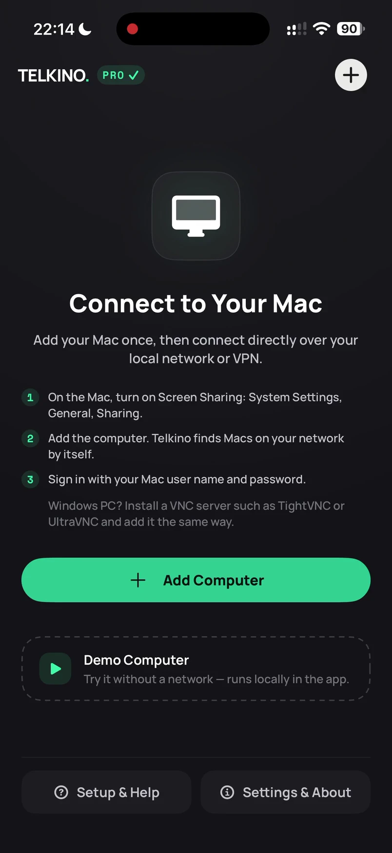 Telkino-Startansicht vor dem Hinzufügen eines Macs