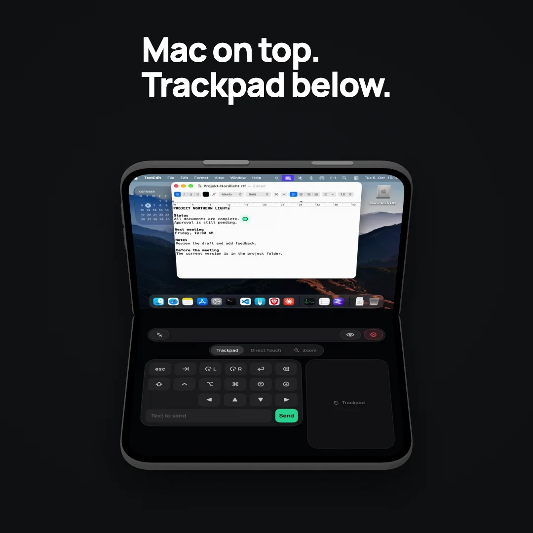 iPhone Duo im Laptop-Modus: oben der Mac-Bildschirm, unten Tasten-Dock und Trackpad von Telkino
