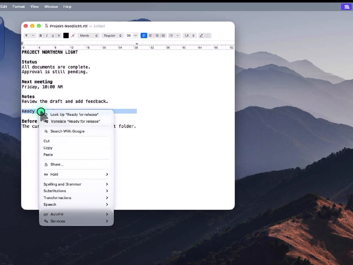 Detail einer echten iPad-Sitzung: geöffnetes Kontextmenü im Mac-Dokument